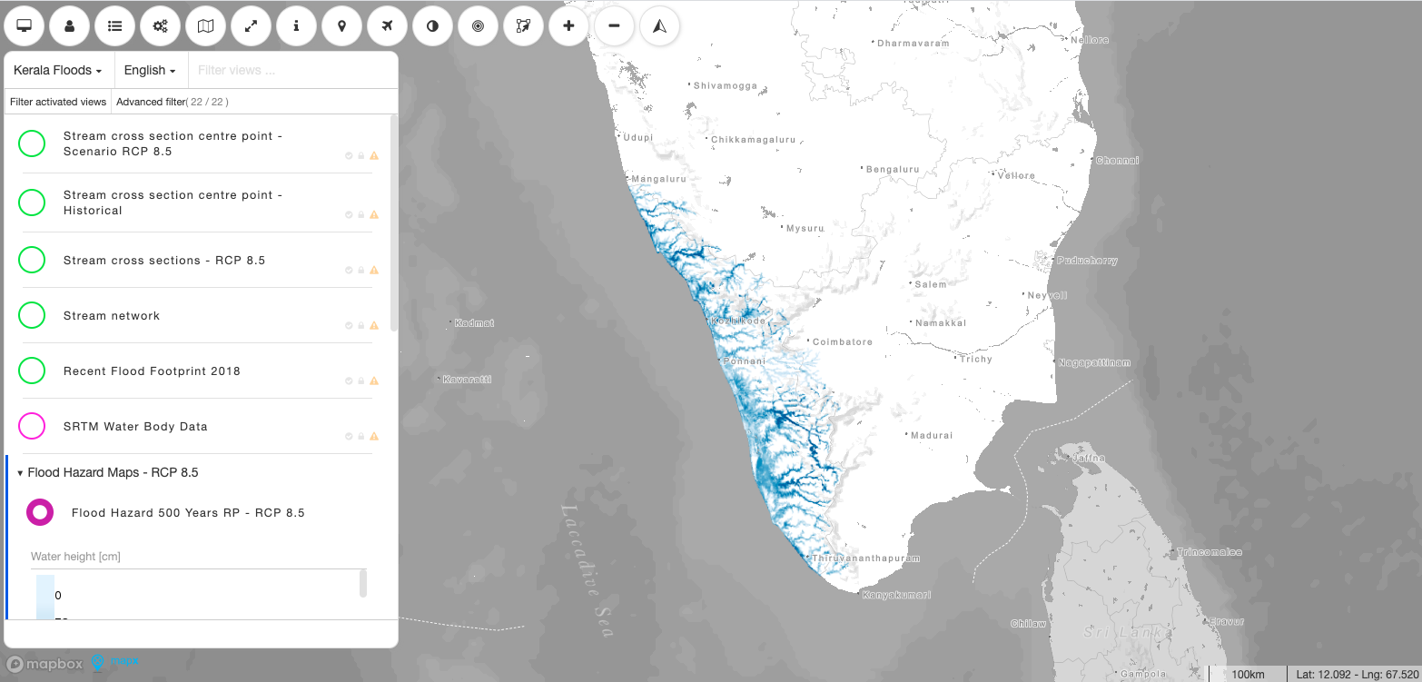 Modèle d'inondation pour le Kerala, Inde, y compris les projections du changement climatique